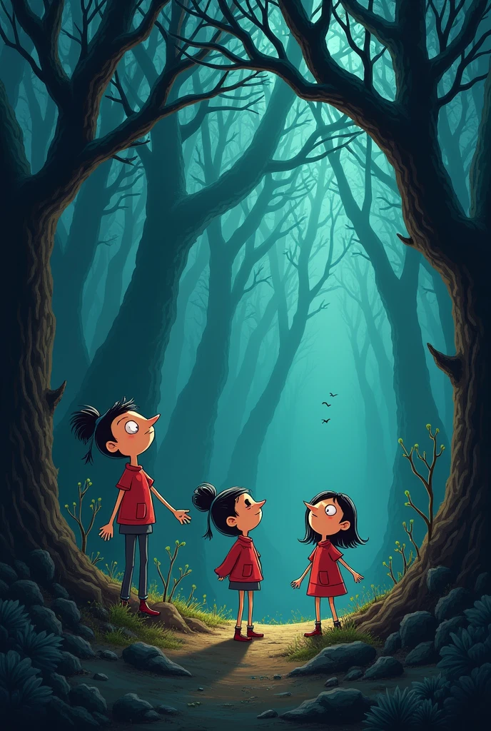 People in cartoon aesthetics in a forest looking up. This forest is dark and without light