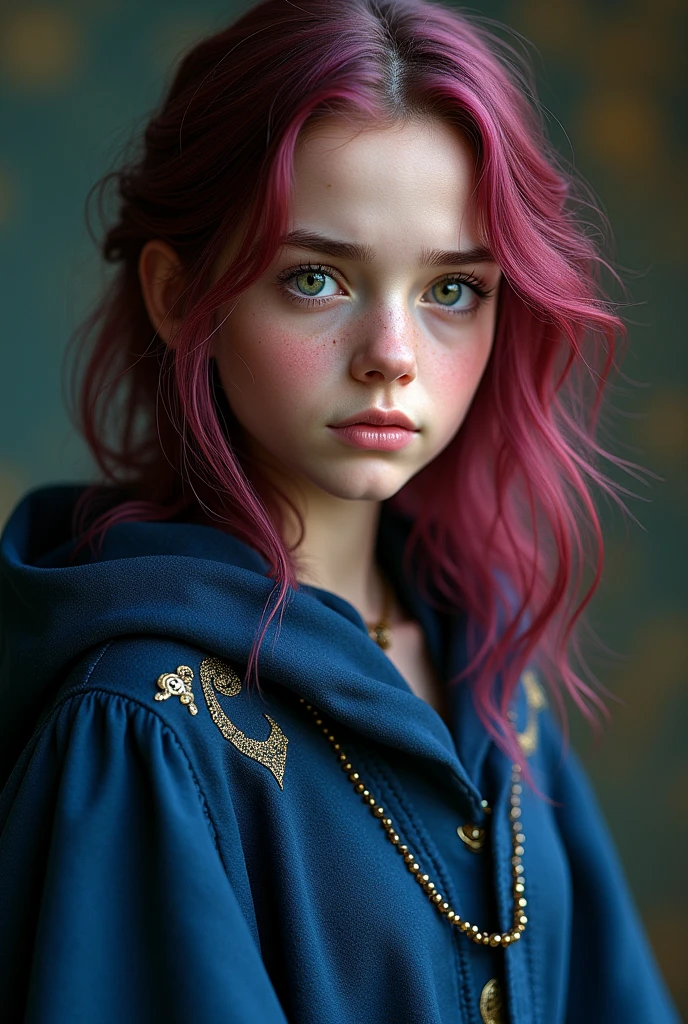 Young girl inspired by Emma Watson with medium length very dark magenta red hair; with eyes that vary between green, gray and light brown; fair skin and blue Ravenclaw witch robes. realisitic.