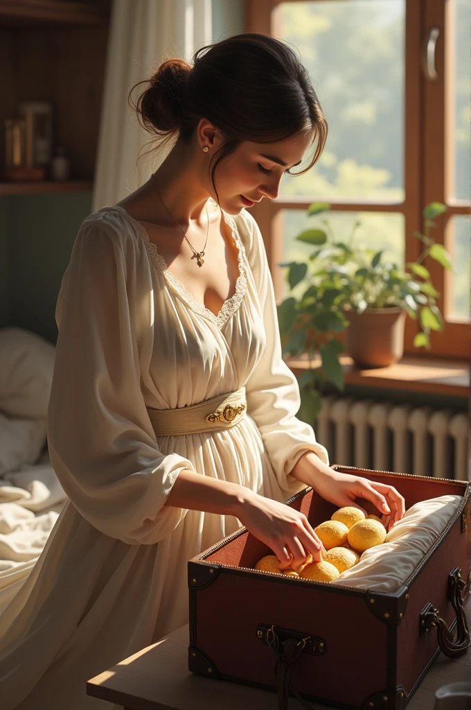 A scene of the first wife preparing her travel bag with love and care, highlighting the details of the clothes and food.
