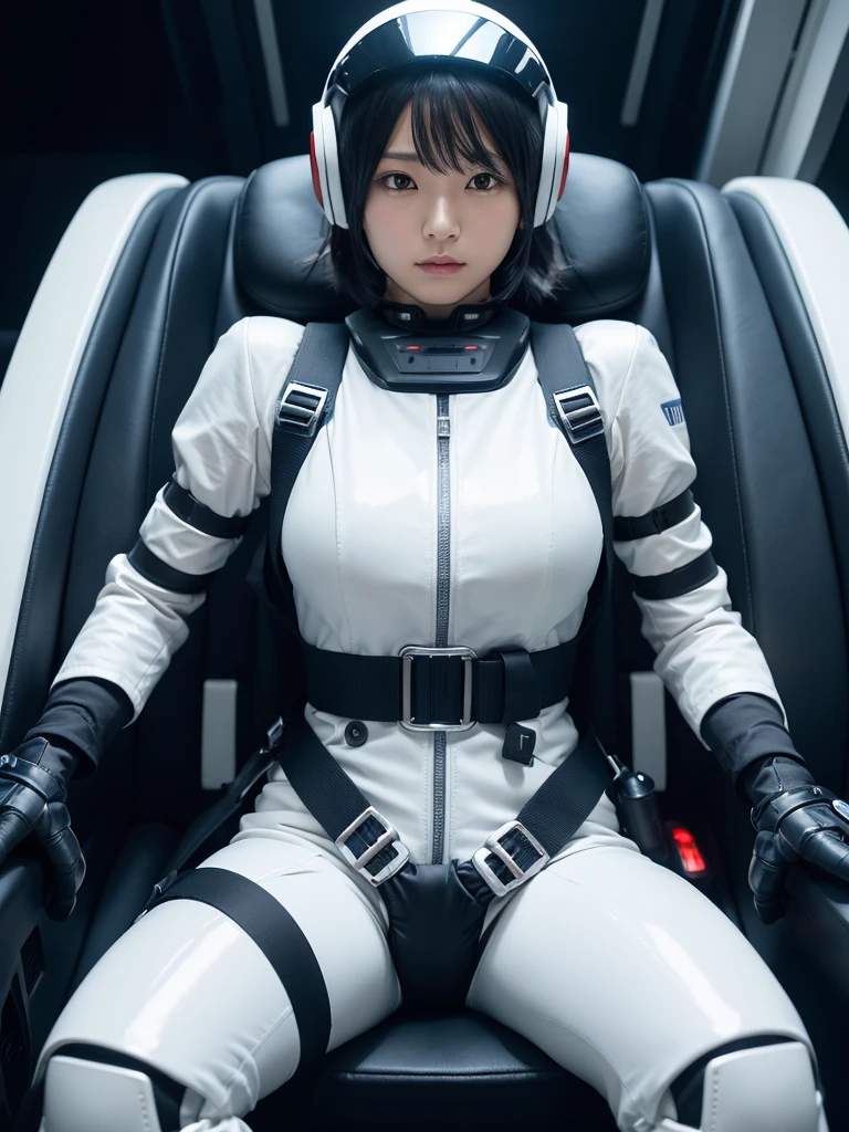 Japanese female android,Black Hair,capsule,The person is completely secured in the seat with the backrest reclined by a thick harness belt.,Plump,Spread your legs,Squat,Shiny white robot suit,Surrounded by switches and monitors,A helmet that completely covers the head,