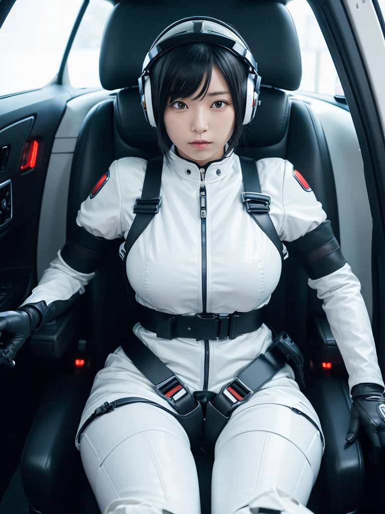 Japanese female android,Black Hair,capsule,The person is completely secured in the seat with the backrest reclined by a thick harness belt.,Plump,Spread your legs,Squat,Shiny white robot suit,Surrounded by switches and monitors,A helmet that completely covers the head,