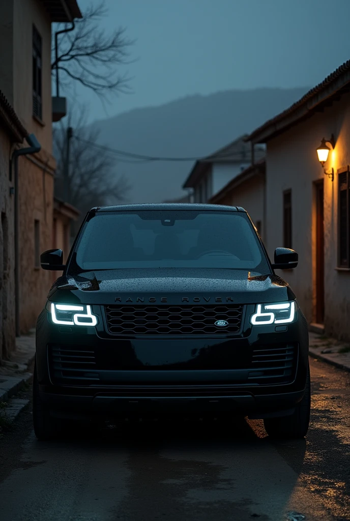 A Black 2023 Land Rover Range Rover SUV ,with completely dark windows,Without plates,mafia style and in a village at night