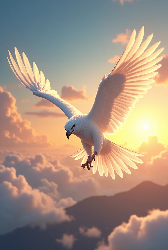 A White Hawk With Its Wings Spread Over A Landscape, With The Sunset In The Background, Surrounded by White Clouds