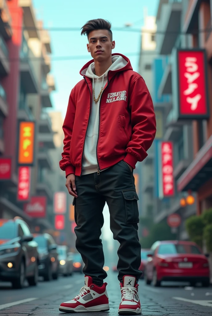 20 year old boy, clear skin, trap style, straight hair, Jordan retro4, yify mix,