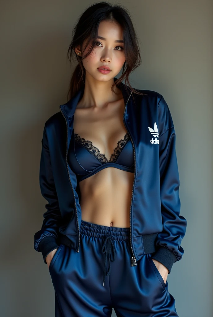   Chinese female, wearing tight silk shiny satin dark blue adidas tracksuit, silk bra, sexy pose