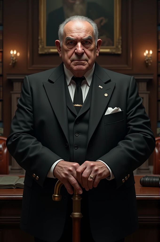 Create an 80 year old man, black hair and bald, fat body with black suit