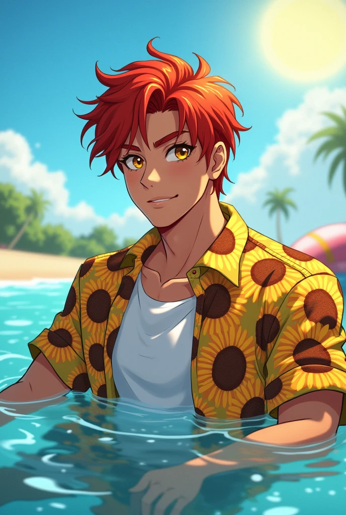 
Anime boy red hair dark skin yellow eyes early 20s, he is swimming with a floatie on the water, you can see the beach in the background. He is wearing A white undershirt and an over shirt with sunflowers