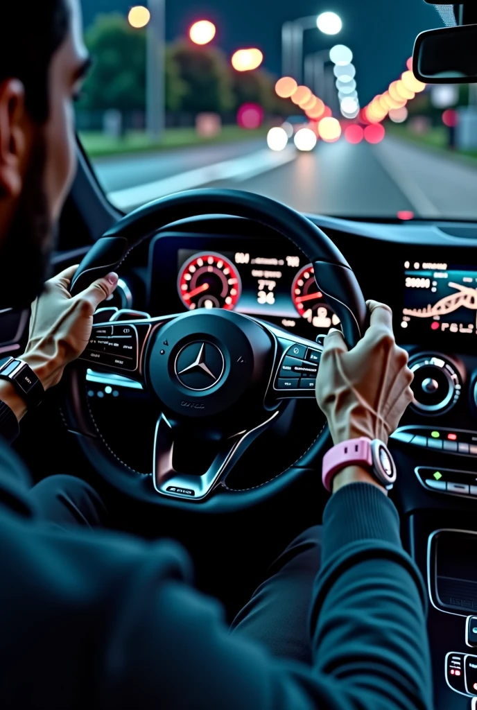 pov someone with an apple watch in a mercedes car focus on the steering wheel on night