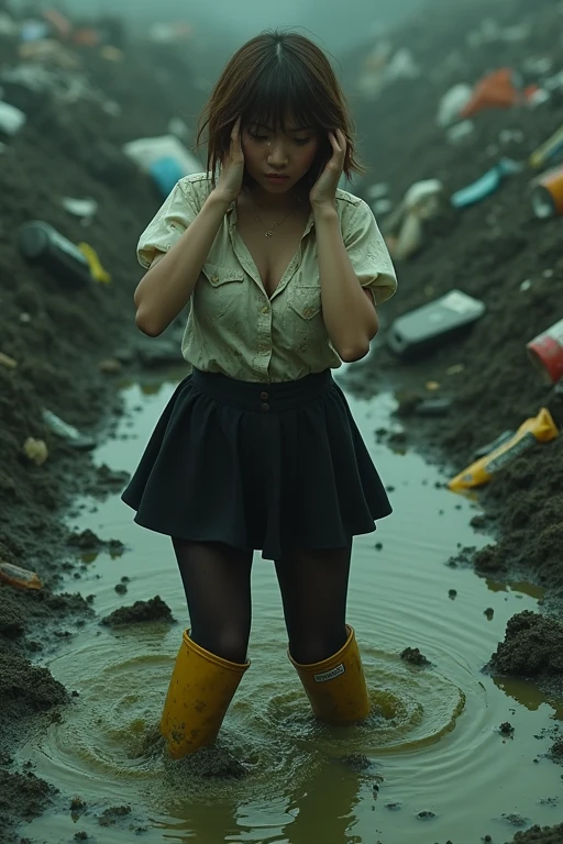 ((Highest quality)), ((masterpiece)), Dark dirty garbage filled pitch black green sludge quagmire at waste dump、Cute Japanese woman with short hair、boyish、Light brown hair、Body type is thick、Beautiful breasts、Strong legs、Adventure through the mud in yellow Hunter rain boots、Puff sleeves、mini skirt、Black pantyhose muddy、Mud stains on face、Mud stains on clothes、The fear of sinking in the mud、Wiping away tears with both hands、Face facing up、Crying endlessly