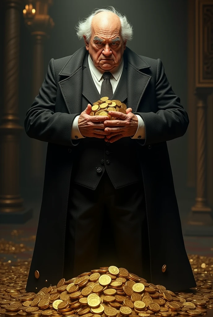 uncle scrooge in black holding billionaire money gold