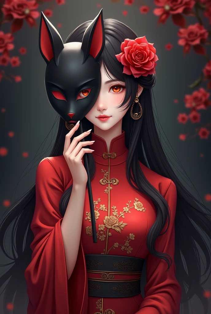 Anime chinese girl with long black hair with a rose in her hair wearing a red oriental dress holding a kitsune mask in front of her face with her right hand mask covering half of her face vertically with a mysterious dark background