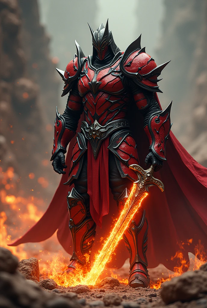 Man wearing red and black armor wielding a burning blade