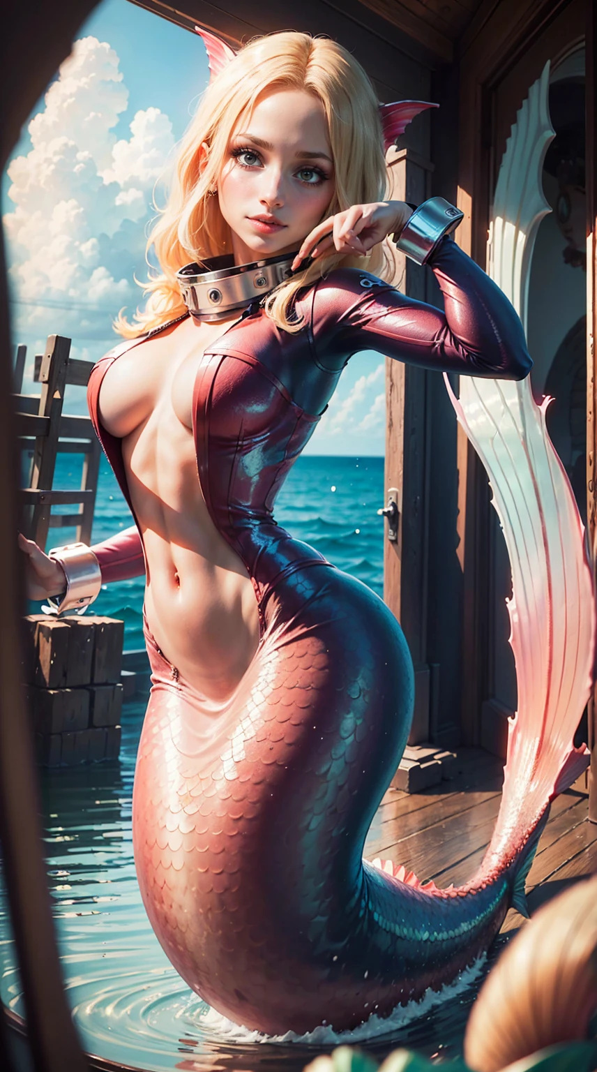 ((premium, 8k, masterpiece:1.3)), A detailed eye, (looking from the front), Look at the camera, ((Everything is sparkling、reflected light:1.2)), (best ratio: 4 fingers, 1 thumb), (portrait), (((one piece shirahoshi))), siren, pink lights hair, broad, smiling, blush, beautiful face, beautiful face, nod, looking at the viewer, ((thin mermaid legs)), exterior, Mar , arm wide open, Submarine