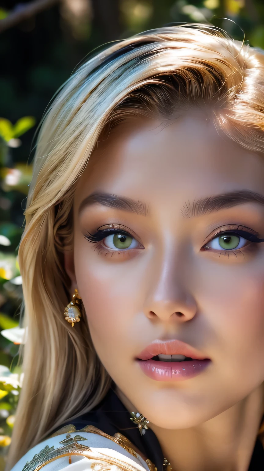 (((Face close-up)))､(((masterpiece, Highest quality, High resolution, Attention to detail)))), One, ((Fantasy)))), (A peerless beauty)))), (White short skirt with gold embroidery), (Long blonde ponytail：Dumpling１), (Shiny, dark black eyes), (Green surcoat with gold embroidery), big, (((at night forest)), (Many beautiful flowers are blooming)), Sit in a chair and look here , Particles of light flying､(((Face close-up)))､Face close-up