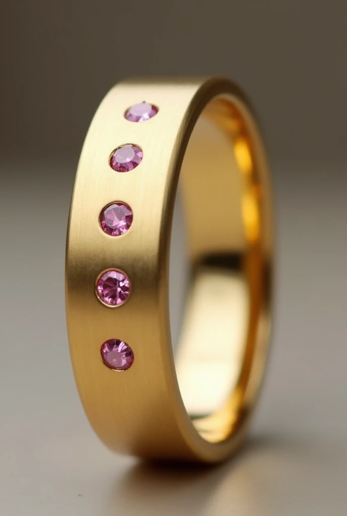 create a traditional concave gold wedding ring with pink diamond chips centered 4 mm wide. leave only 5 stones centered make it wider and make it smoother center 4 pink stones
