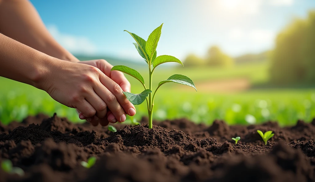 Hands planting seeds in fertile soil, symbolizing the growth of humility. The background is a rural landscape with a blue sky. natural style, earthy and green colors, feelings of hope.