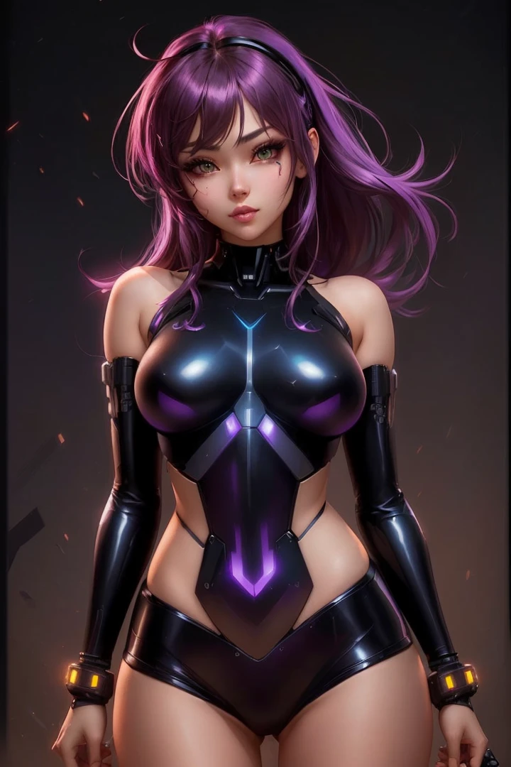 a cartoon image of a woman in a black suit and purple hair, cute cyborg girl, cyberpunk oppai, girl with mecha cybernetic armor, 极其详细的Artgerm, shining skin, perfect anime cyborg woman, cyborg girl, cyber suit, female cyberpunk anime girl, Perfect android girl, style artgerm, linda cyborg girl, android heroine
