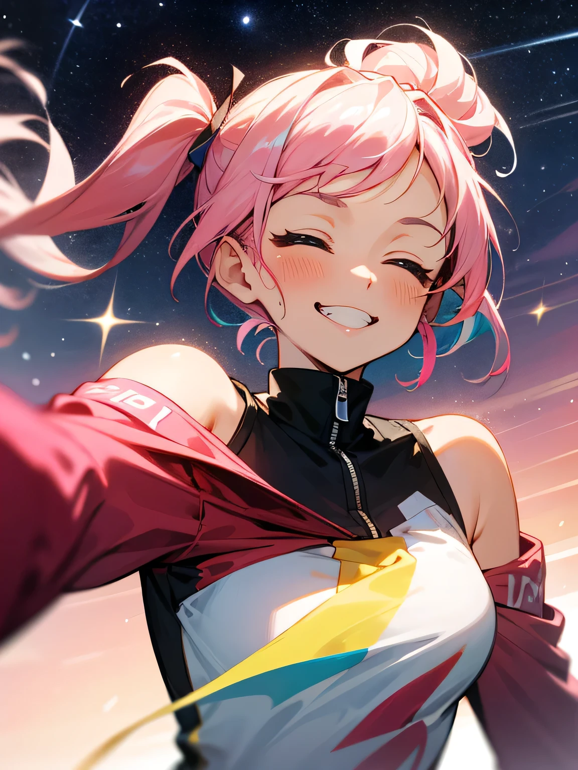 solo,close up face,upperbody,sexy gal,pink multicolor streaked two side ponytail,running pose:1.2,closed eyes shiny grin,offshoulder,shiny clothe,starry sky,