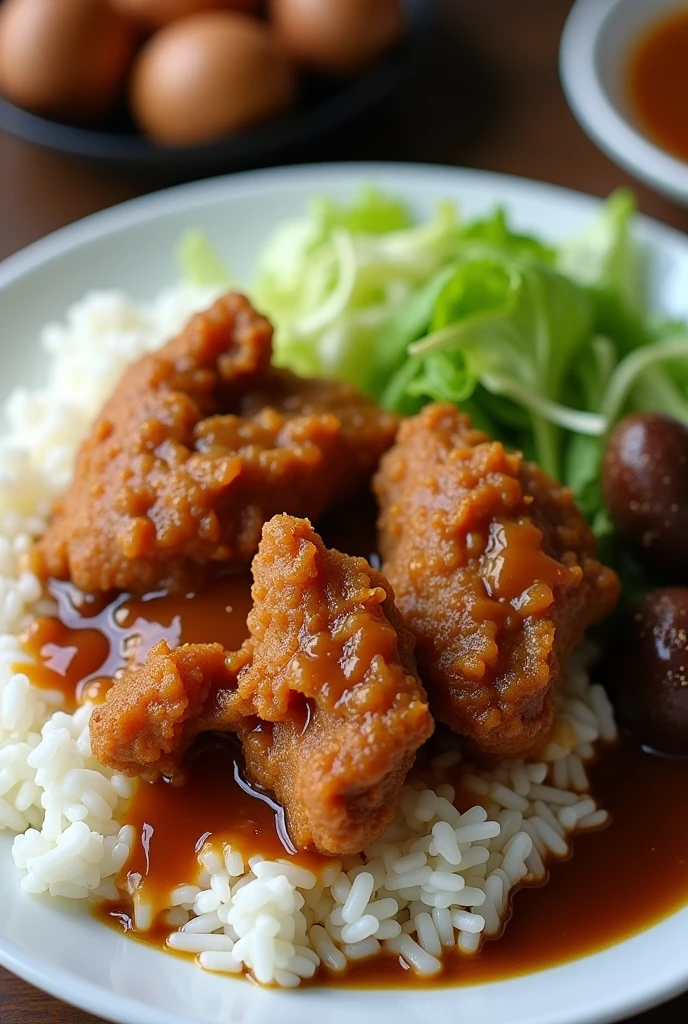Nasi kandar - White rice, fried chicken, gravy, Hello, cabbage, telur masin