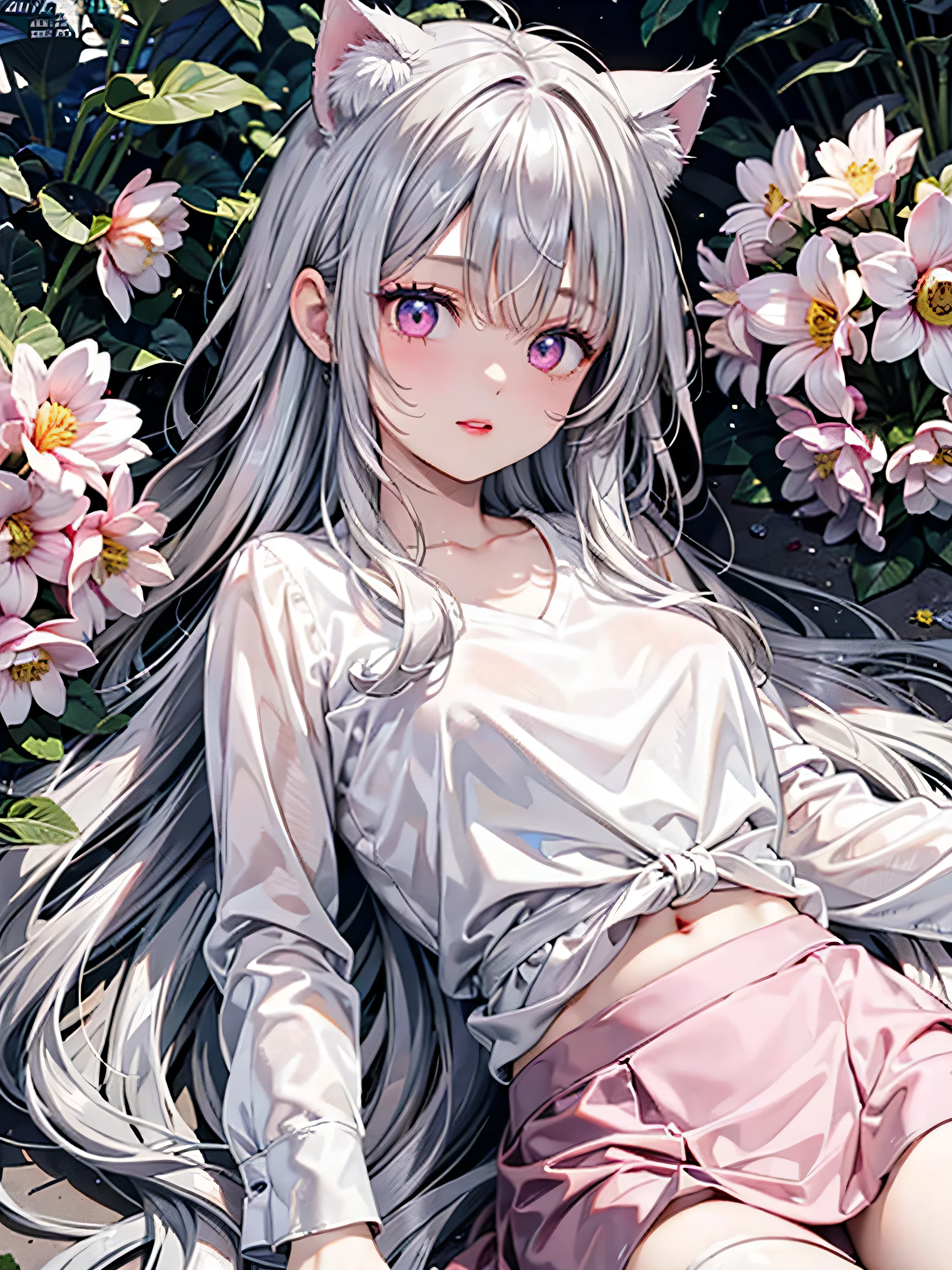 Cat ear, a woman with long silvery white hair, pale pink lips,intellectual, pink eyes, 1 girl, beautiful detailed eyes, beautiful detailed lips, extremely detailed eyes and face, long eyelashes, flower garden, lying down, shirt, skirt