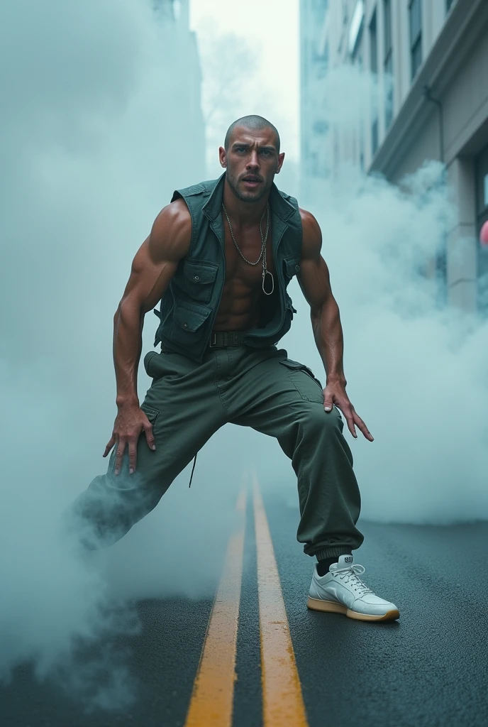little distance、Strenuous movements、vibrancy、cyberpunk style、Steam flows from exhaust outlets on the road surface、pic by a angle 、solo、body、Turtle、white skinned、(cargo pants、vests、White sneakers)、(delicate detailed fingers、Detailed body、、、(Detailed face) 、(8k hyper HD、 Top resolution,、The is very detailed、 profesional lighting、 Gray light illumination、low angle from below、6 pac、Fog in、Foggy, handsome 6 pak boy, reclin