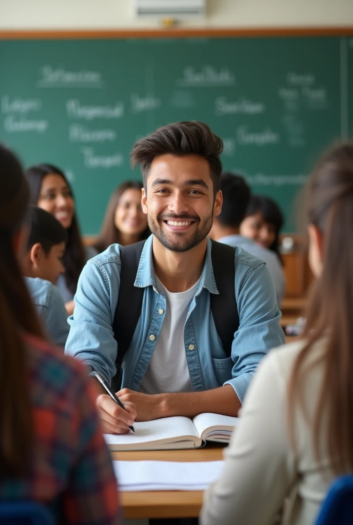 दिल्ली ke ek mashoor collge me padhne wala ek middle class ghar ka ladka but smart and handsome  in class with friends cheer full hd image
