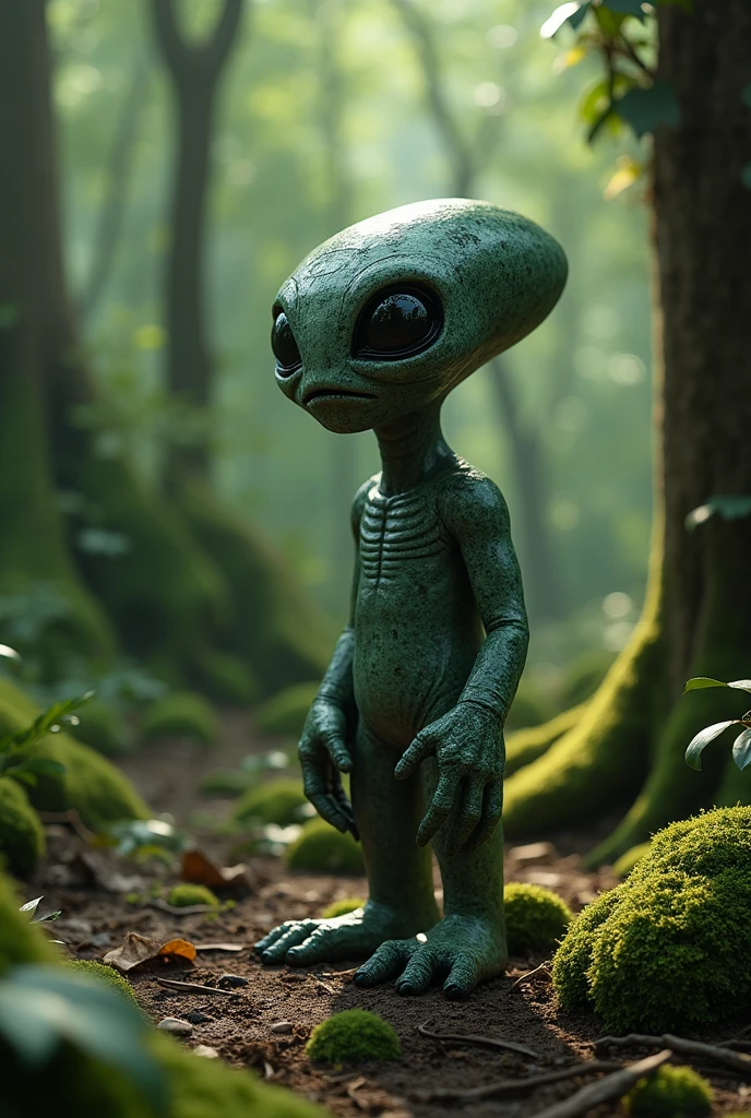 a ceramic alien sculpture in a lush dense forest, highly detailed, intricate ceramic texture, photorealistic, 4k, realistic lighting, moody atmosphere, natural environment, mossy rocks, fallen leaves, sunlight filtering through the trees, serene and mystical, cinematic composition