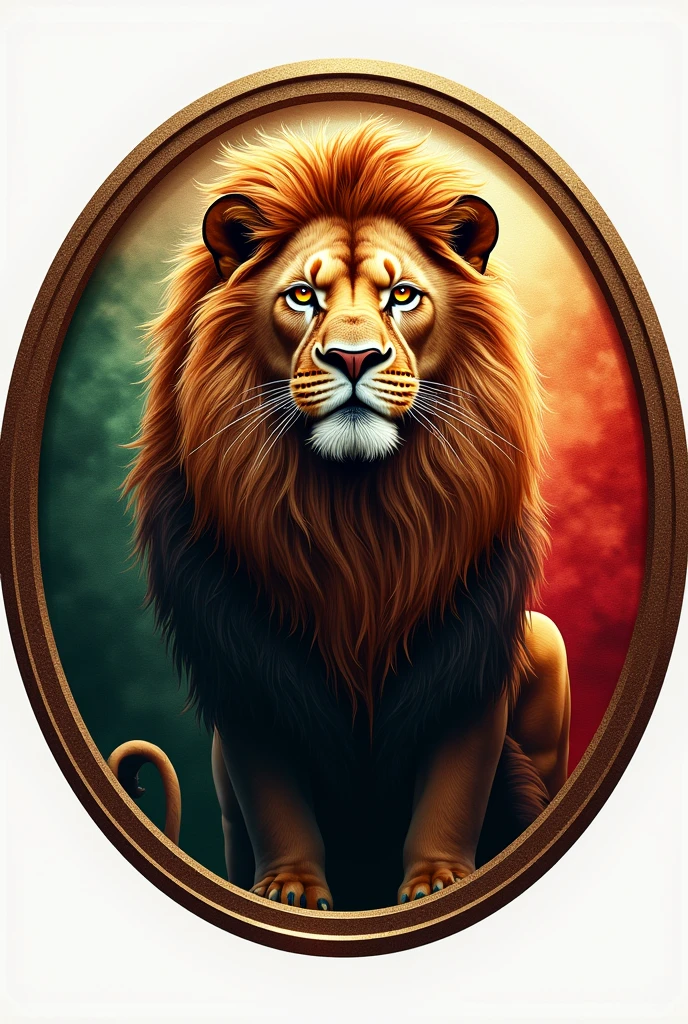 Make a round logo that has the image of a lion, with red, green and gold background