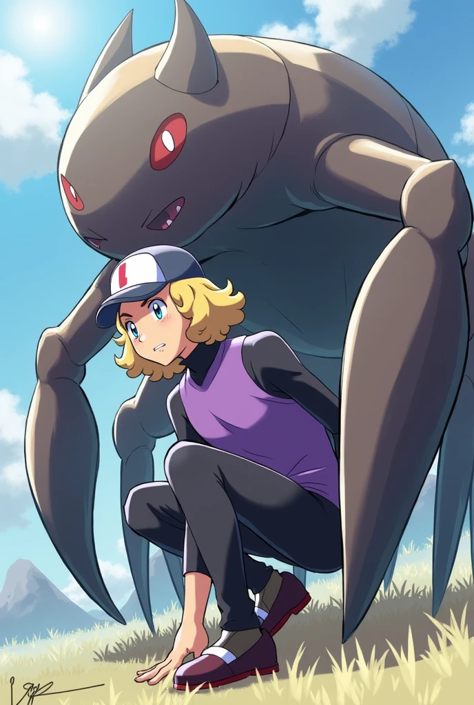 create an illustration of a pokemon trainer crouching with a golisopod standing behind him, make him have shoulder length hair, and slightly curly, Dark in color, but not black, being a very dark blonde and his clothes must have the colors purple and black, He wears a cap