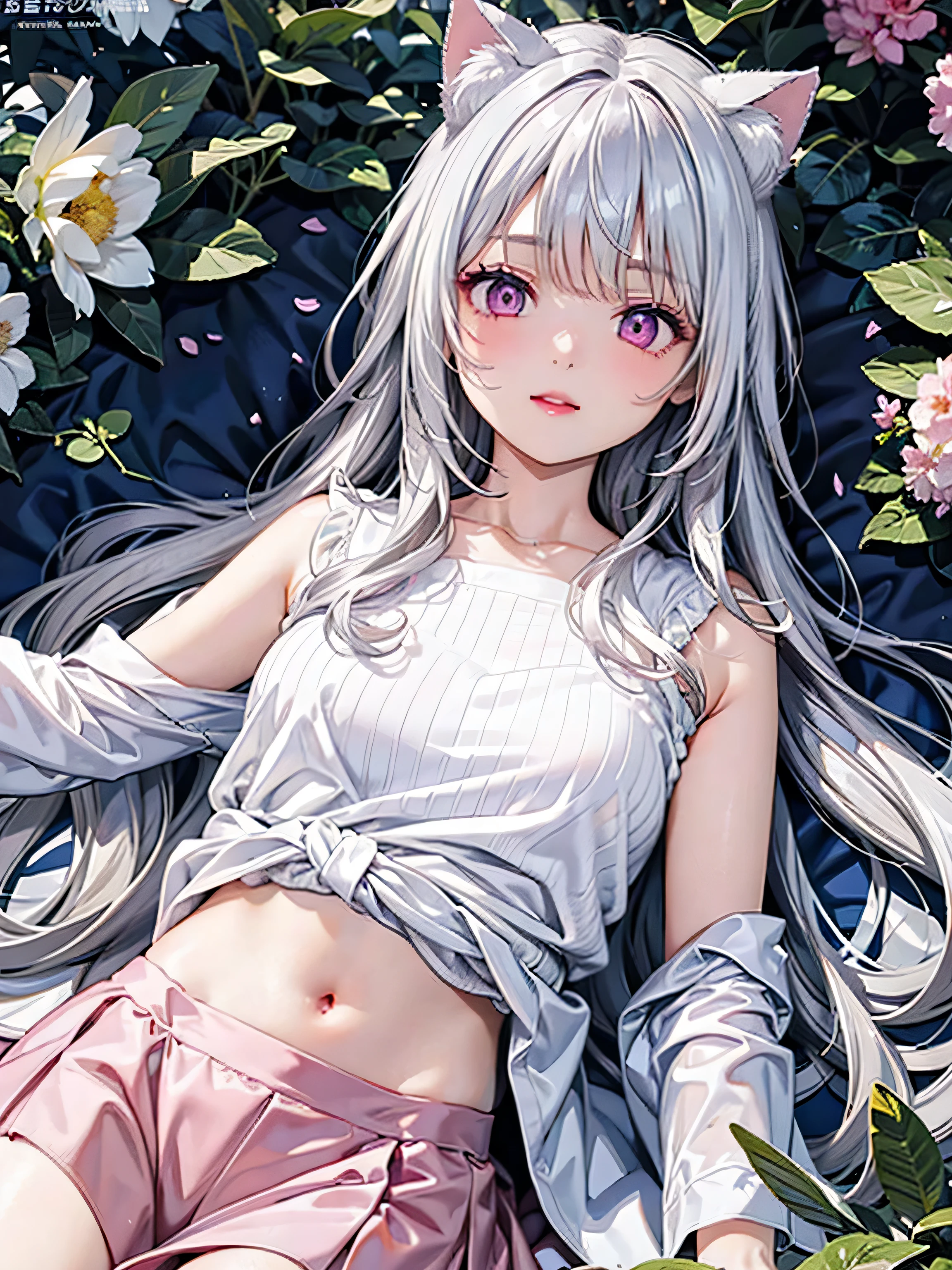 Cat ear, a woman with long silvery white hair, pale pink lips,intellectual, pink eyes, 1 girl, beautiful detailed eyes, beautiful detailed lips, extremely detailed eyes and face, long eyelashes, flower garden, lying down, shirt, skirt