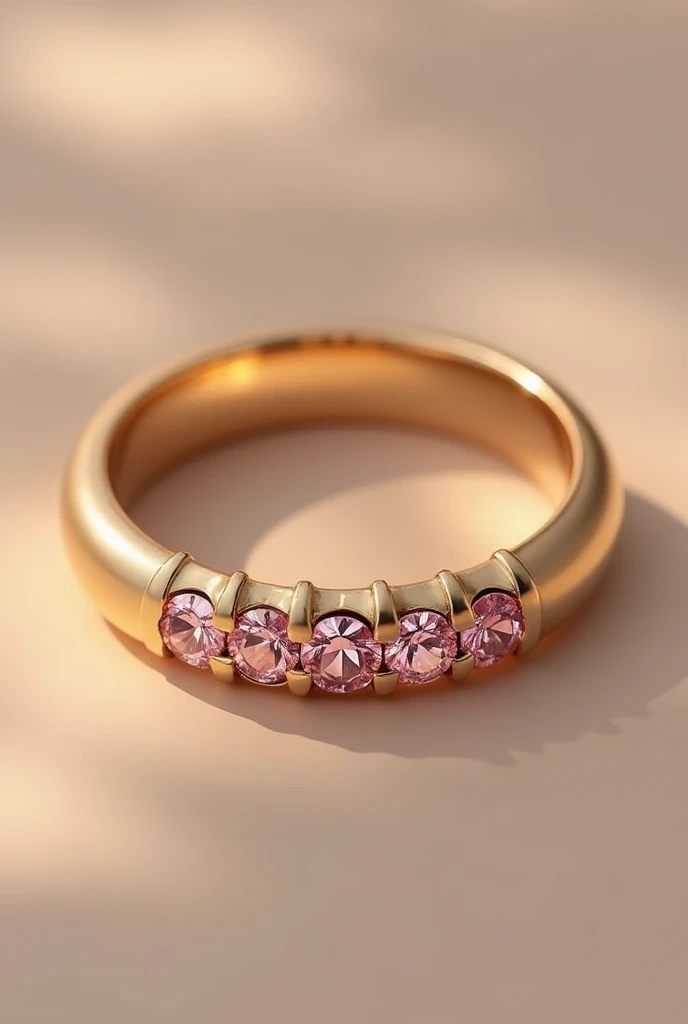 create a traditional concave gold wedding ring with pink diamond chips centered 4 mm wide. leave only 5 stones centered make it wider and make it smoother center 4 pink stones. circular