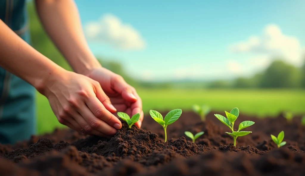 Hands planting seeds in fertile soil, symbolizing the growth of humility. The background is a rural landscape with a blue sky. natural style, earthy and green colors, feelings of hope.