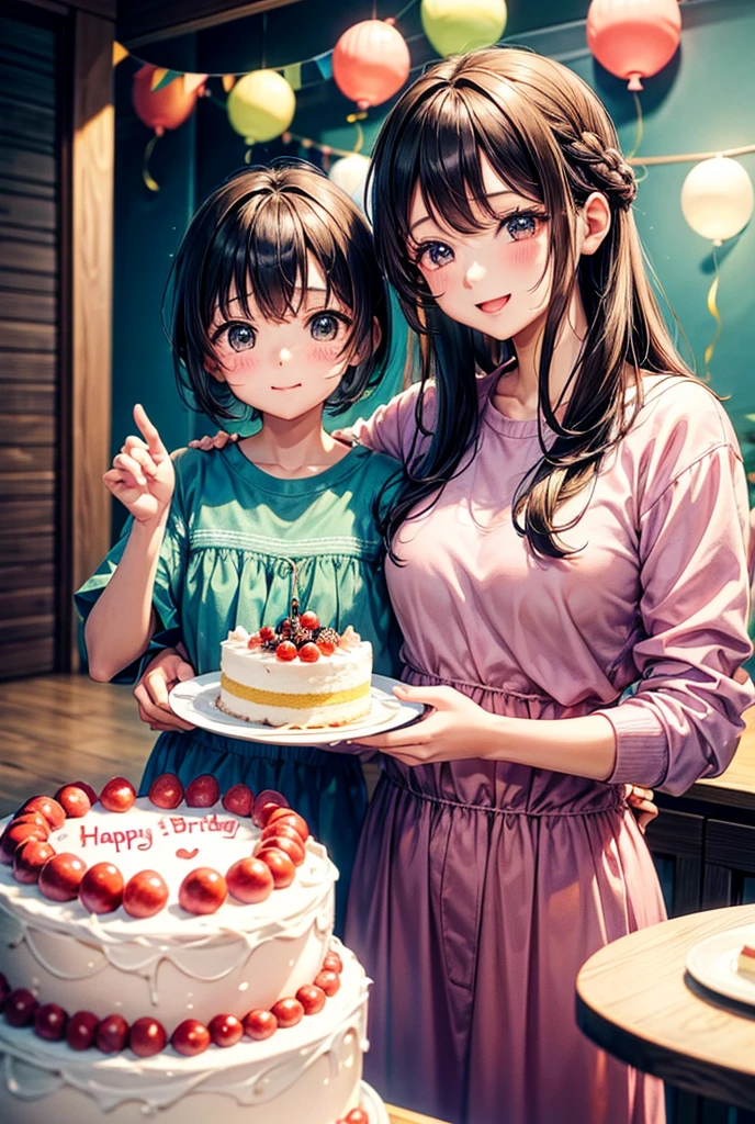 A father and his five-year-old daughter celebrating their birthday together、Heartwarming illustrations。My father was clean shaven、She has a clean-cut face.、She has short, asymmetrical brown hair.。My father is wearing a casual shirt.、My daughter happily eating her birthday cake.、Smiling kindly and watching over。My daughter has a little ribbon in her hair.、Dressed in pretty festive clothes、Enjoying the cake。The illustrations have a soft and warm atmosphere.、Drawn in pastel colors and soft lines.。There are balloons and decorations in the background.、There is a fun and celebratory mood。The overall image is、Affectionate、Joyful、Heartwarming scene