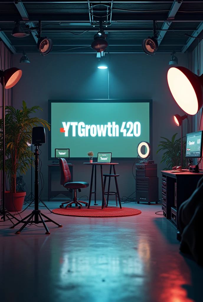 Create a YouTube studio image generator in which there will be a completely professional studio room, the background will be professional Youtuber set up and the name will also be YT Growth 420. Image size YouTube video frame size 