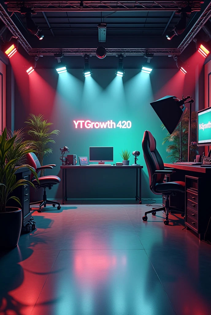Create a YouTube studio image generator in which there will be a completely professional studio room, the background will be professional Youtuber set up and the name will also be YT Growth 420. Image size YouTube video frame size