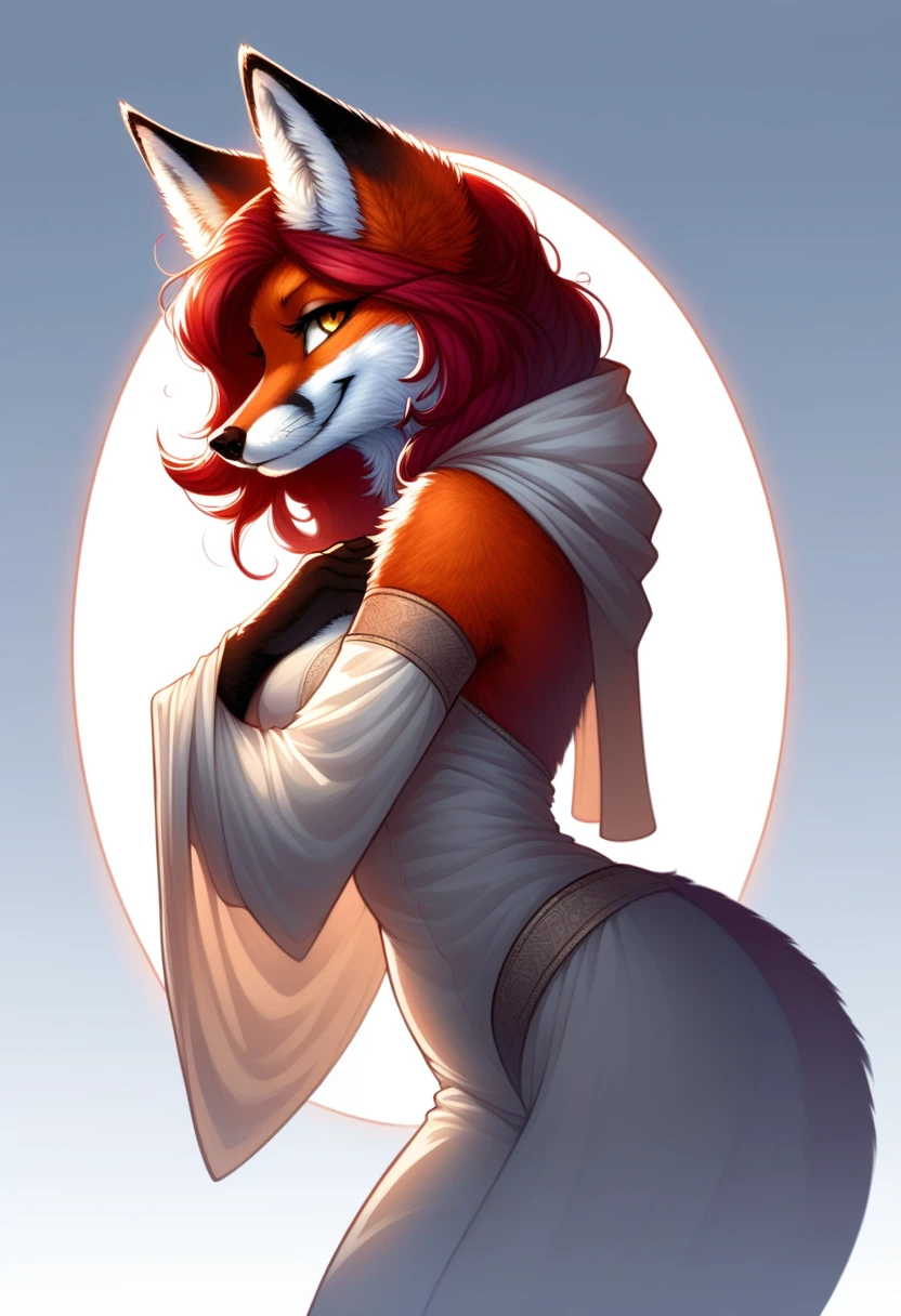 red fox, female, vixen, gorgeous, majestic, beautiful, sexy body, voluptuous, hair, scarlet hair, red hair, yellow eyes, smile, gazing at viewer with side eye, side view, full body, elegant, mysterious, highres, perfect artwork, absurdres, rzminjourney, vector-art, waifu, detached loose sleeves, detailed revealing clothing, hood, sexy thigh highs