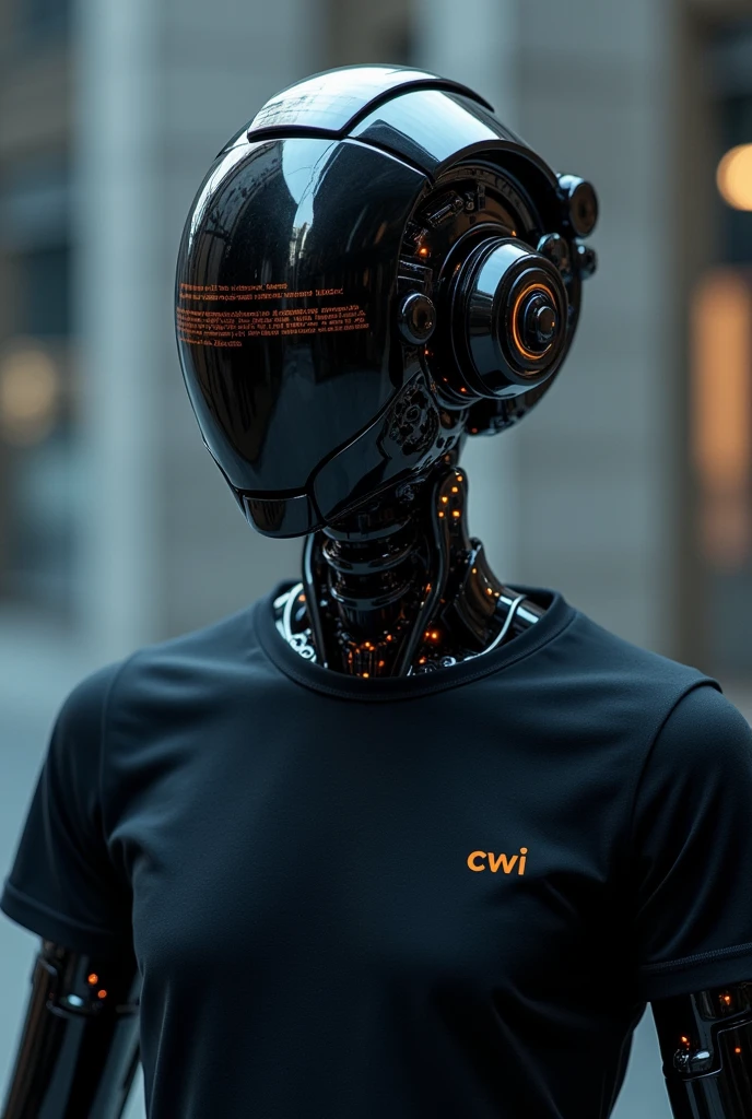 art of an avatar of a code reviewing robot wearing a black t-shirt with "CWI" on right side and face like robo with visor reflecting Java code looking front of the camera