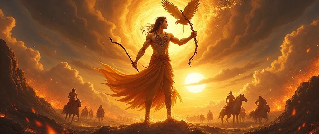 God krishna, golds cover him , flaming Sharingan eyes, a eagle fly by his side, hidden powers awaken, black flames consuming everything, an 8k vision revealing all the dark details. He is middle in the ware and thunder is down by ware land and he has a arrow on his right handand bow on left hand sun on his background, the way some horse ah running front of him
