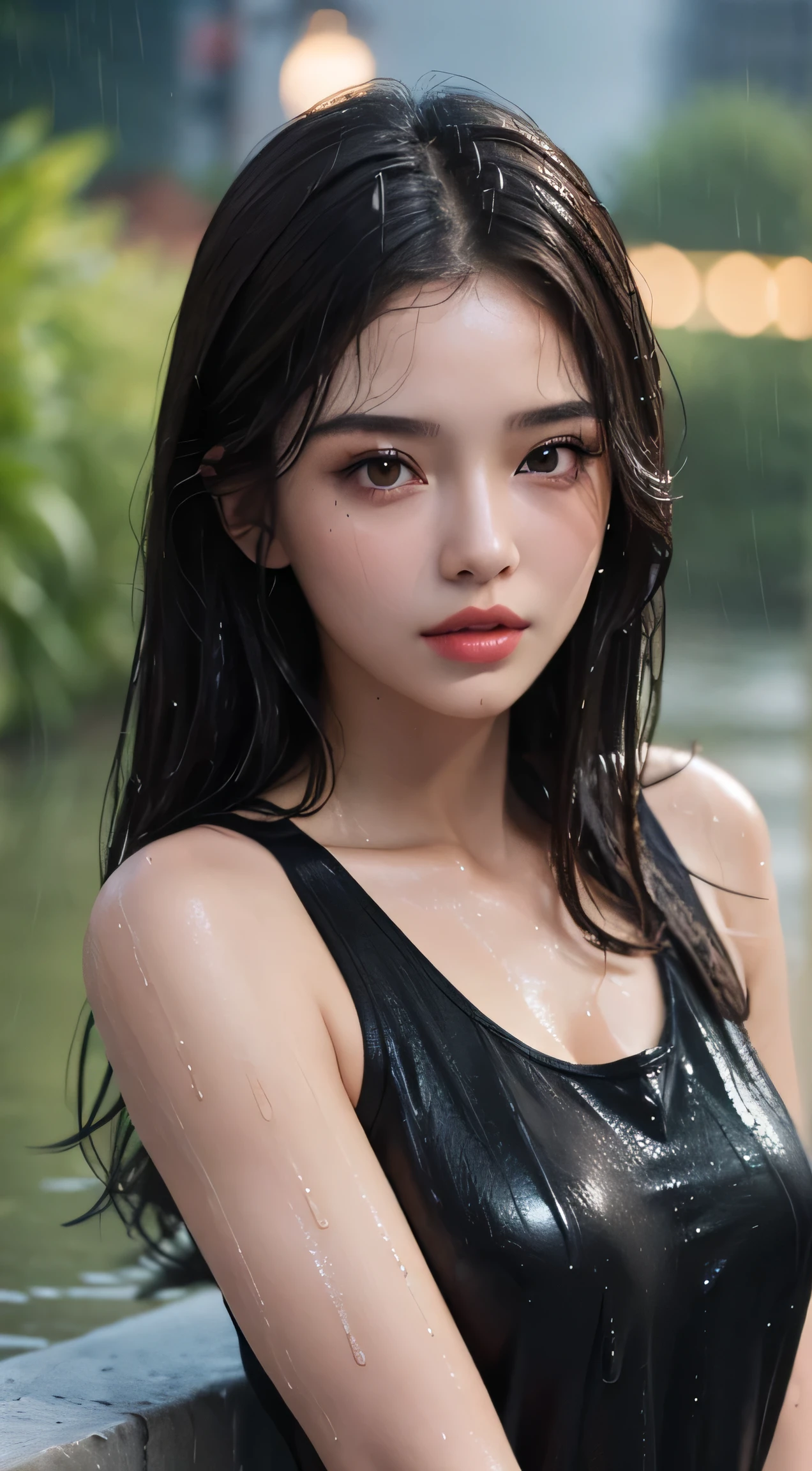 (Best quality, 4k, Masterpiece :1.3), pretty woman, 1girl, sexy :1.1, dark brown hair: 1.1, (rainy wet, wet from rain, wet body :1.2), white tank tops, ultra-detailed face, detailed lips, detailed eyes, double eyelid