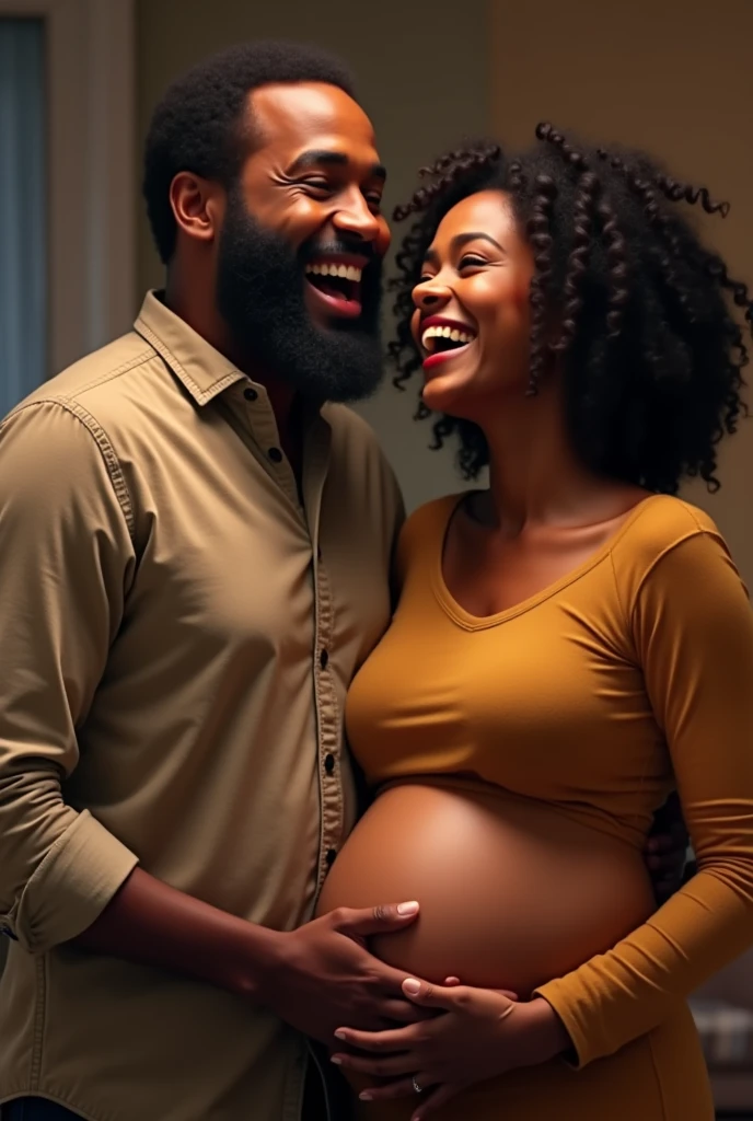 Bearded white man laughing with pregnant black woman 