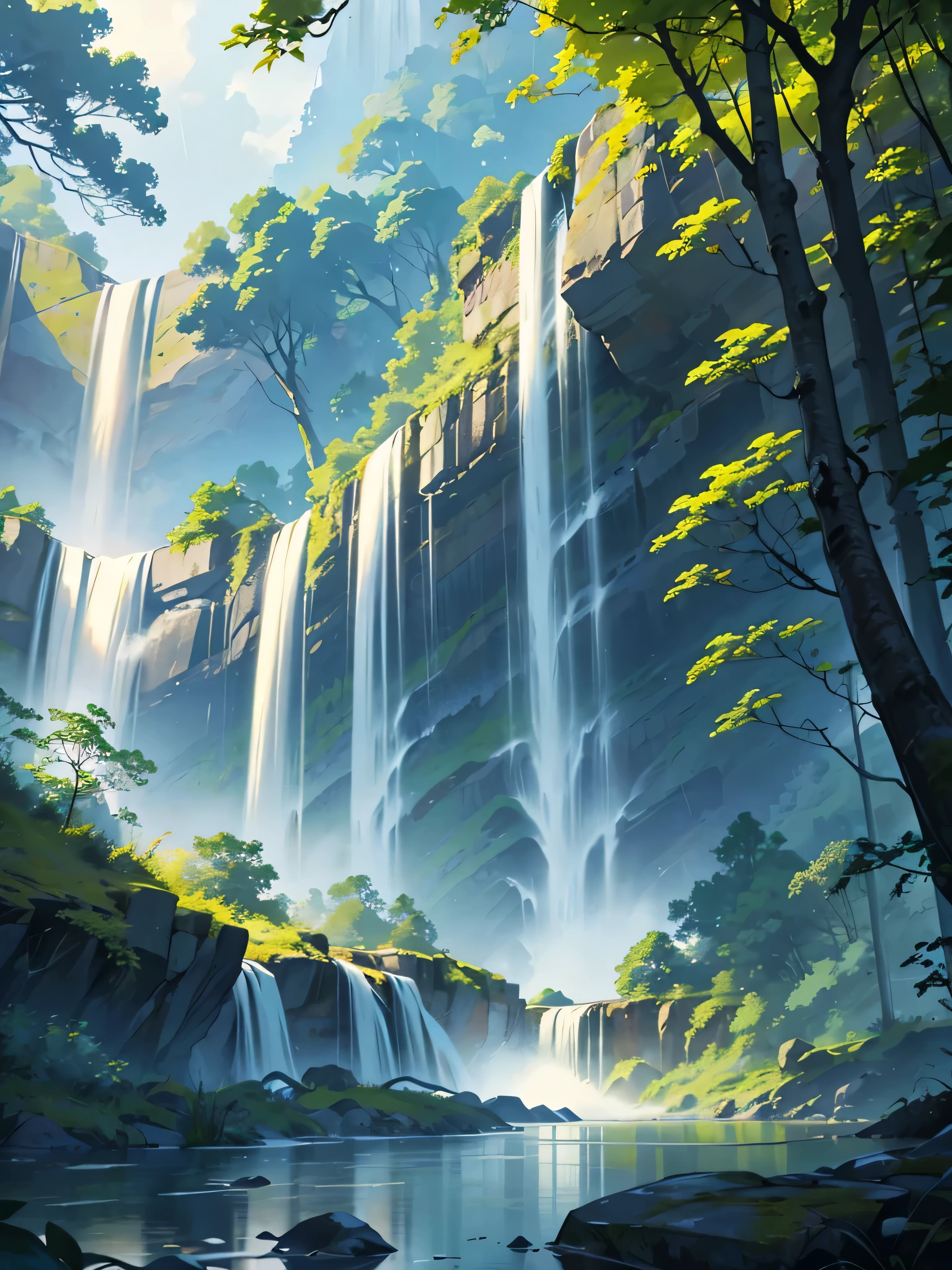 Clarge waterfall on the edge of the lake in a forest with trees with large branches and yellow leaves with a rainy sky