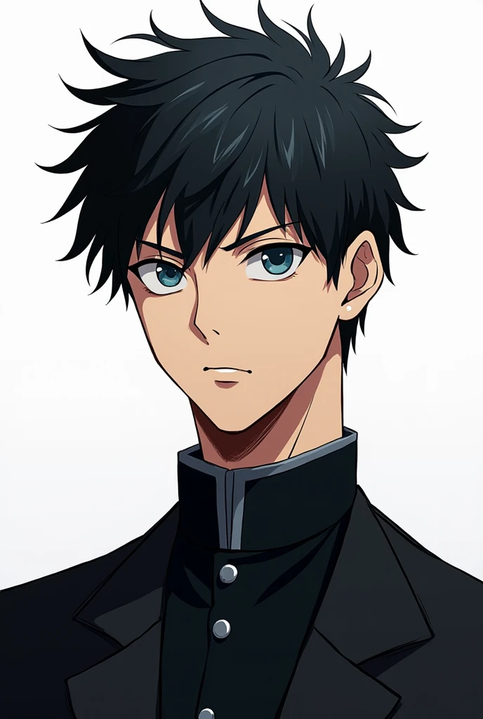 Man with messy black hair and spiky locks, Blue eyes with a penetrating and serious look, light skin and neutral expression. He wears a black school uniform with a high collar.. the background is white, with light shading on her face and neck that highlights her facial structure in manga style.