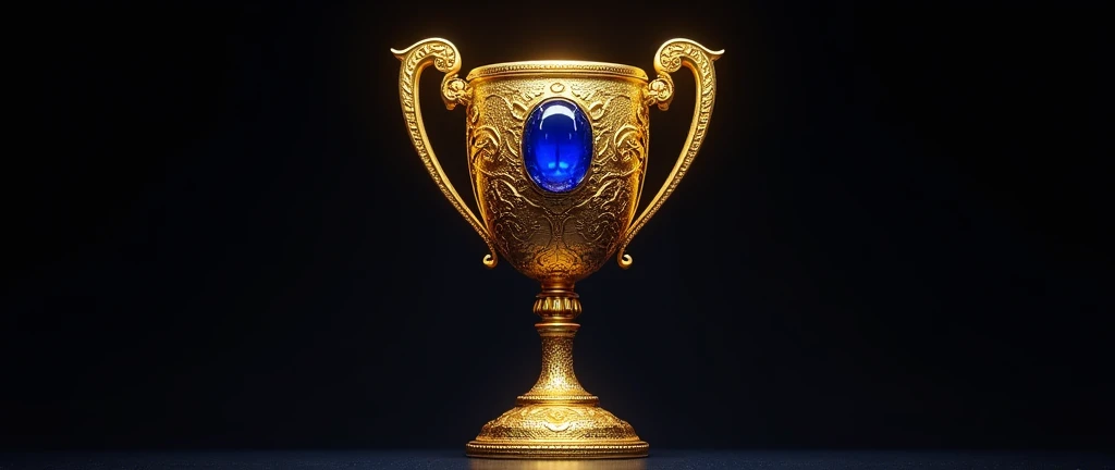 a golden trophy with sapphire stone, black background, intricate detail, high quality