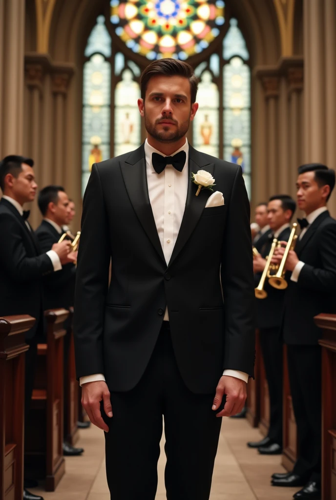 Create a realistic photo with a groom dressed in a black suit and white shirt, put two trumpeters in black jackets in the photo, one on each side of the groom. The ceremony must be at an altar inside the church..
