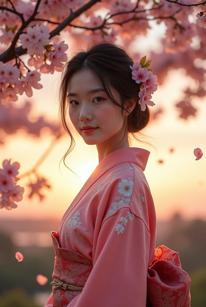 Sexy woman standing under a cherry blossom tree，Wearing a summer kimono，hairpin，smile，At dusk，Petals flutter in the wind，(Use a wide-angle lens to capture a full-body image:1.9)，(masterpiece:1.1)，(Highest quality:1.1)