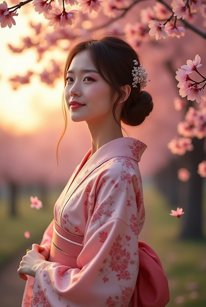 Sexy woman standing under a cherry blossom tree,Wearing a summer kimono,hairpin,smile,At dusk,Petals flutter in the wind,(Use a wide-angle lens to capture a full-body image:1.9),(masterpiece:1.1),(Highest quality:1.1)