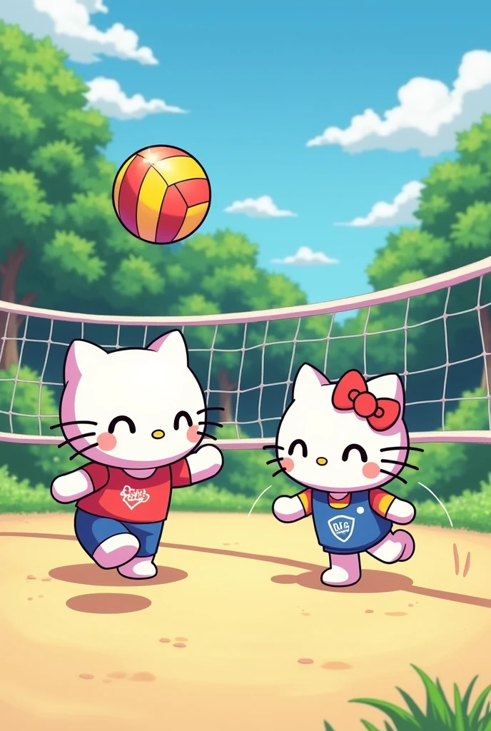 Hello kitty playing volleyball with her boyfriend