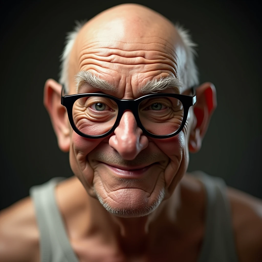 An old man makes a lewd expression while pushing his glasses aside(Tank top、Close-up of face): "Create a lifelike close-up image of an elderly man with a bald head, wearing a tank top and lowering his glasses slightly to peer over them with a leering grin. His expression is mischievous and suggestive, with deep wrinkles adding depth to his face. The background is softly blurred, highlighting his cheeky and somewhat naughty smile."