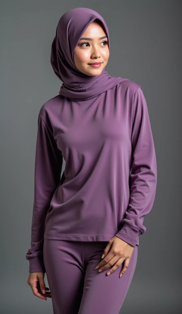 A beautiful Asian girl in a long hijab with tight and clearly visible breasts, In tight dark clothes, He was hugging himself sideways, and good quality images