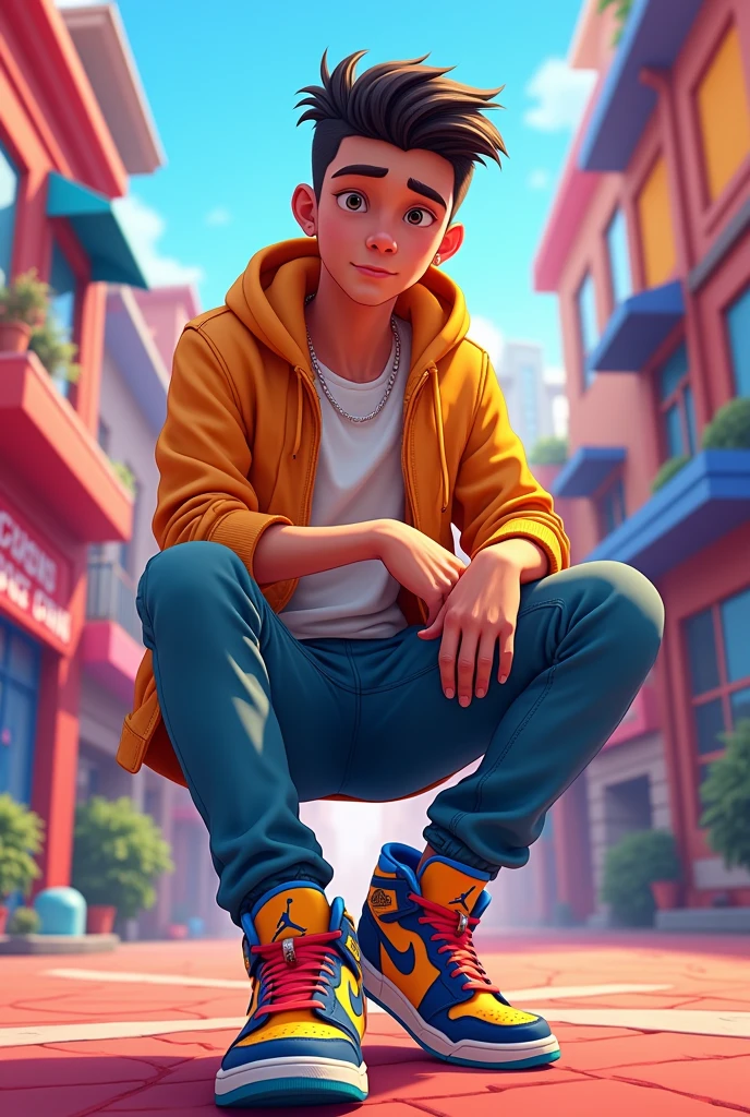 20 year old boy, clear skin, trap style, straight hair, Jordan retro4, animated cartoon